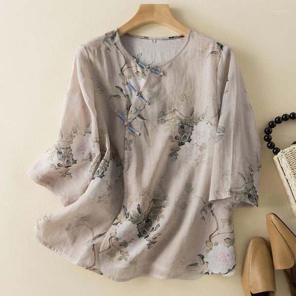 T-shirts femme été femmes motif Floral manches 3/4 coton lin haut chemise femme Vintage décontracté Style chinois hauts amples