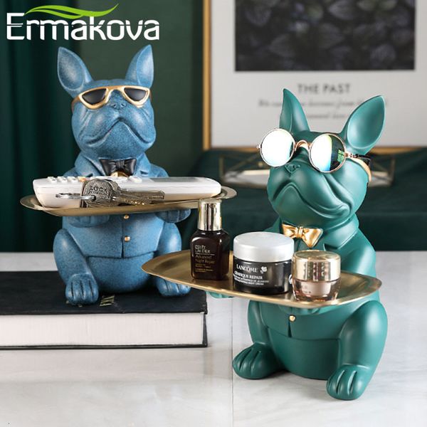 Deko-Objekte Figuren ERMAKOVA Nordic Französische Bulldogge Skulptur Hundefigur Statue Schlüssel Schmuck Aufbewahrung Tischdekoration Geschenk mit Teller Gläser 230614