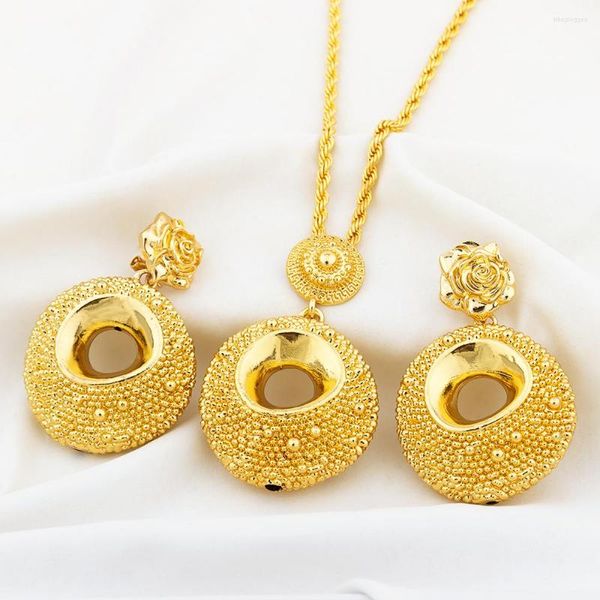 Set di orecchini per collana placcati in oro 18 carati per le donne Accessorio per gioielli per matrimoni etiopi alla moda in rame Dubai Africa Party