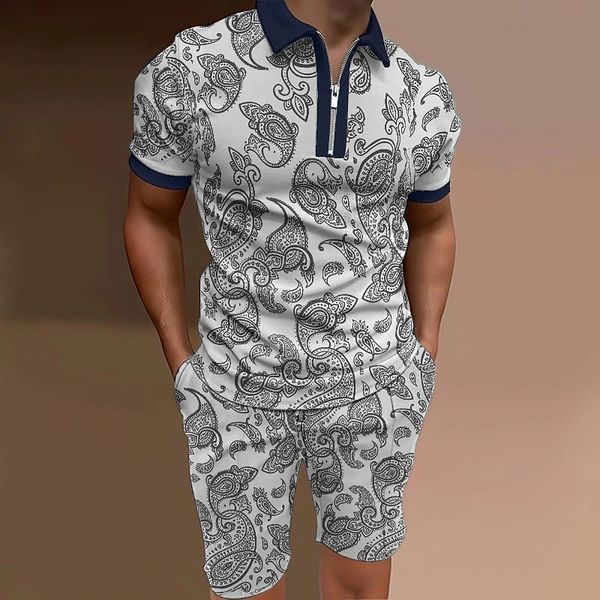 Agasalhos masculinos camisa de golfe masculina conjunto polo estampado em 3D dobra de caju street casual manga curta zíper roupas de 2 peças designer de moda 230615