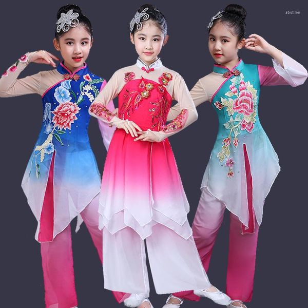 Bühnenkleidung Yangko-Tanzkostüm, chinesischer Fan-Anzug für Mädchen, alte traditionelle Volkstanzkleidung, Outfits, langärmliges orientalisches Kleid