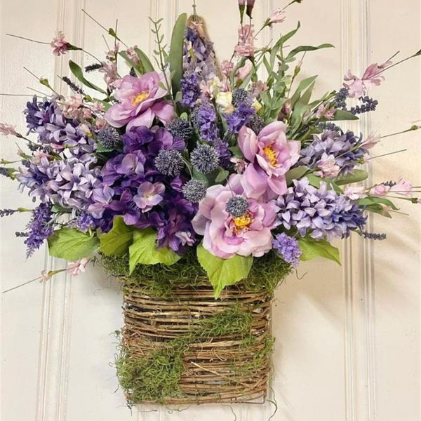 Flores decorativas Flor Artificial Roxo Maggie Lavanda Cesta Conjunto Planta Vinha Decoração Corda para Pendurar na Parede Casa Cenário de Festa de Casamento