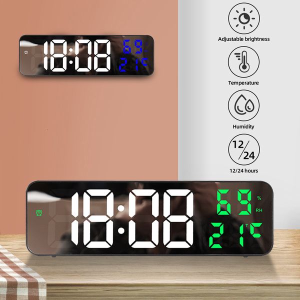 Wanduhren Große digitale LED-Wanduhr mit Temperatur-, Luftfeuchtigkeits- und Datumsanzeige, Wecker, 1224-Stunden-Modus, batteriebetriebene Tischuhr 230614
