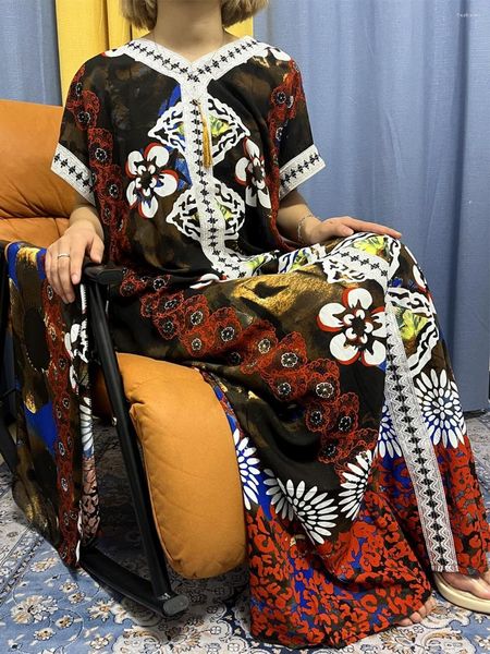 Etnik Giyim Abayas Kadınlar için İslam Baskı Çiçek Pamuk V Yastık Jilbab Afrika Elbiseleri Kısa Kollu Müslüman Moda Femme Robe