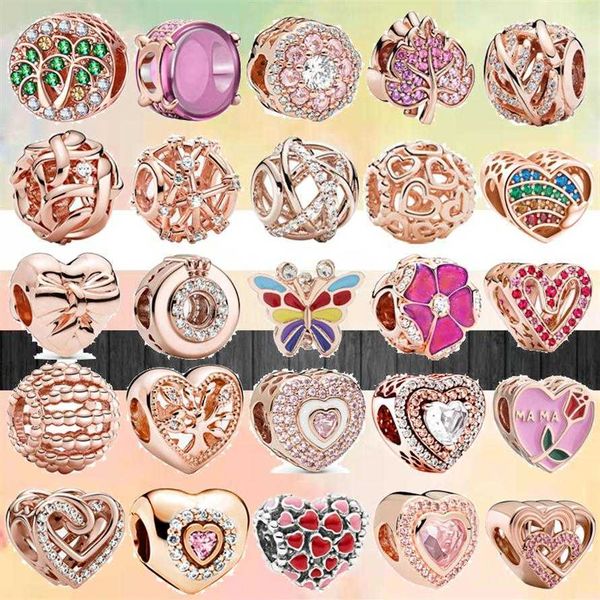 Charms Oro rosa 925 Charms Set Cuore Fiore Farfalla Corona - Scatola originale - Per collana braccialetto Pandora