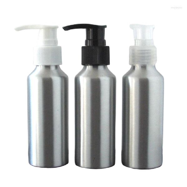 Garrafas de armazenamento 100ml Cosméticos Loção para as Mãos Bomba de Alumínio Garrafa de Embalagem Recipiente Preto/Branco/Transparente Cabeça de Metal Viagem 20pcs