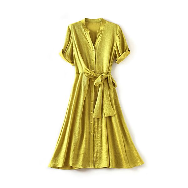 2023 Лето желтое твердое платье с короткими рукавами круглы