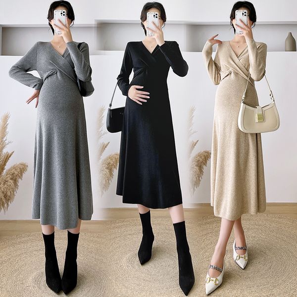 Vestidos para grávidas 8307# outono inverno moda coreana malha vestido longo para gestantes com decote em V linha reta roupas para gestantes grávidas 230614