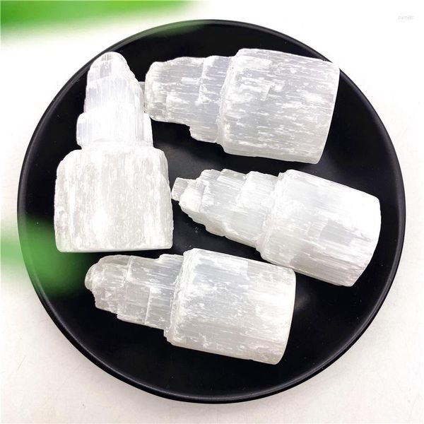 Figurine decorative Torri di lampada di selenite naturale Pietre preziose bianche Ice Berg Decorazioni intagliate a mano Reiki Pietre e minerali