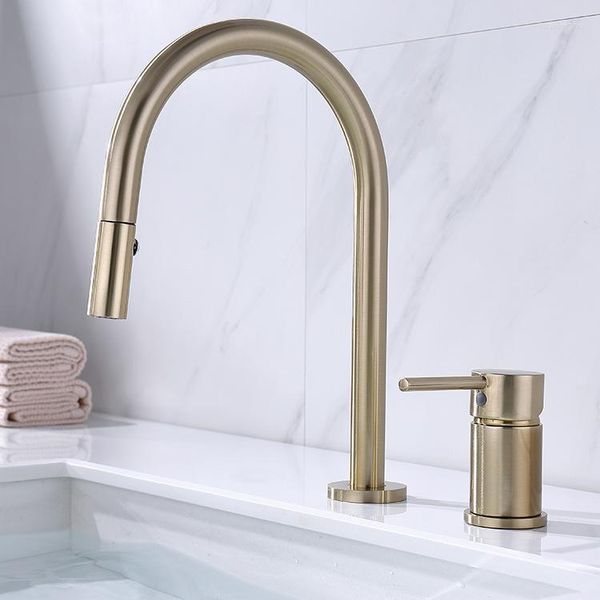 Rubinetti per lavabo da bagno Trafilatura in oro Bacino multifunzionale tipo diviso Rubinetto affumicato con rubinetto a freddo Interruttore rotativo fuori dal rubinetto