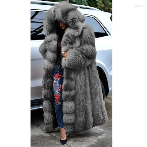 Женские меховые женщины длинное искусственное пальто 2023 Зимние свободы моды теплый толстый толстый рукав капюшона.