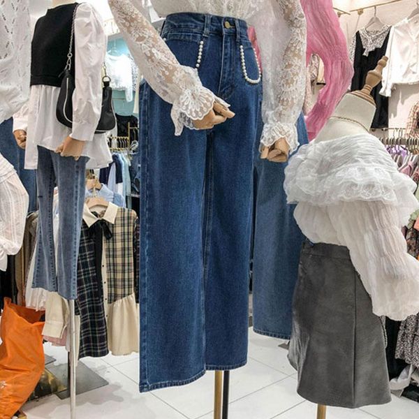 Calças jeans femininas coreanas com miçangas azuis escuras calças femininas tendência 2023 verão outono all-match cintura alta Jens perna larga solta