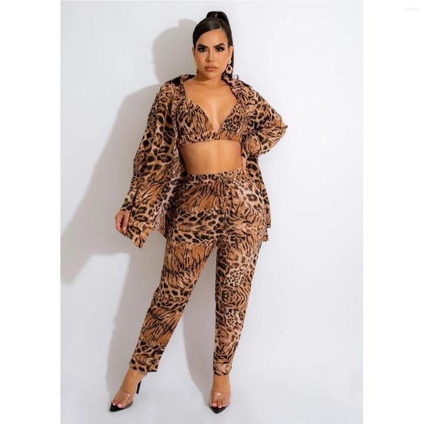 Damen Zweiteilige Hose Leopard Gold Chain Print 3 Sets Damen Herbst Outfits BH Top Langarmshirt Strickjacke Stright Casual Anzüge