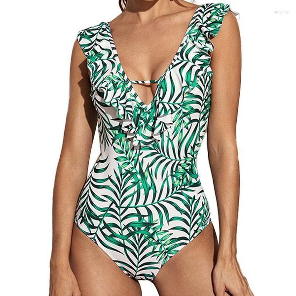 Costumi da bagno da donna 2023 Summer Fashion Costume da bagno con scollo a V Beachwear Coulisse Costume intero Stampa Ruffle Beach Style