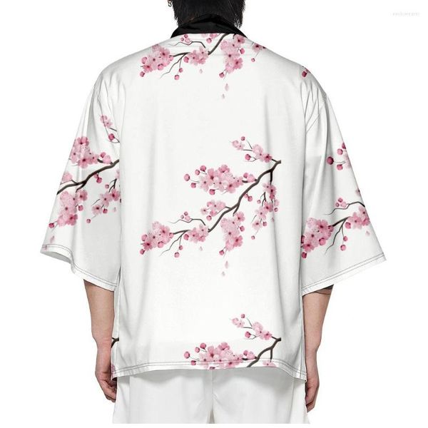 Ethnische Kleidung Sommer rosa Pfirsichblütendruck weiß lose Strickjacke japanische traditionelle Kimono Frauen Männer Strand Haori Shirts übergroße Tops