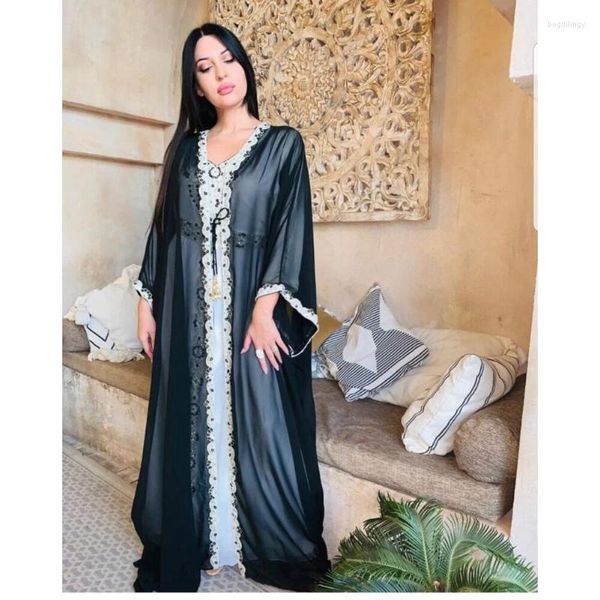 Roupas étnicas preto real marroquino kaftan vestido de festa árabe abaya feito à mão com contas vestido longo vestido europeu e americano tendências da moda