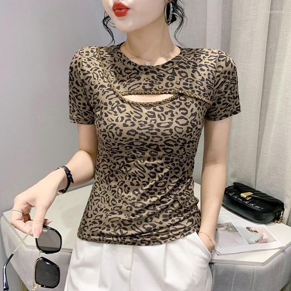 Camisetas femininas estilo verão com estampa de leopardo camiseta chique sexy oca miçangas brilhantes tops femininos manga curta 2023 camisetas finas feitas à mão