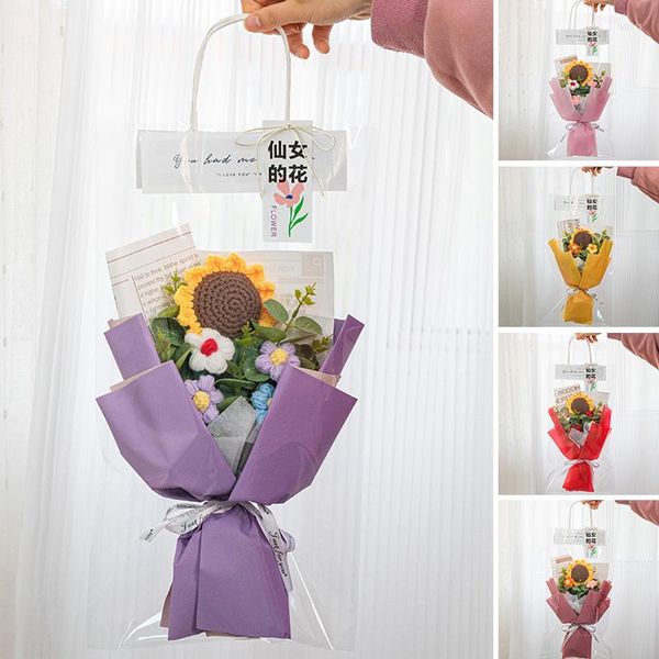 Flores decorativas, girassol, crochê, buquê de flores com saco de embalagem, acabamento de malha, presente de dia dos namorados, tecido à mão, decoração de casamento