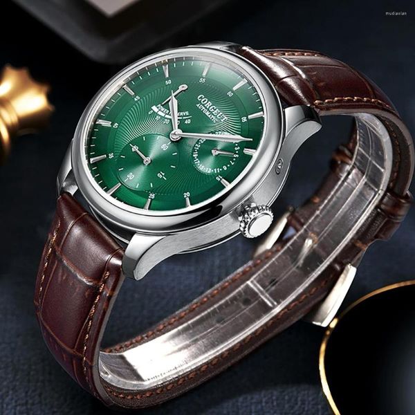 Relógios de pulso Power Reserve Mens Watch Top Brand Verde Mostrador Caixa de Aço Data Couro ST1780 Luxo Automático