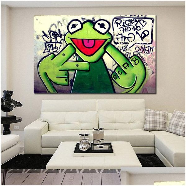 Pinturas Pintura em Lona Street Graffiti Art Frog Kermit Finger Poster Print Animal Oil Wall Pictures For Room Living Unframed Drop Dhzs7