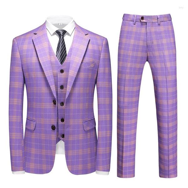Мужские костюмы 2023 мужской костюм набор фиолетовой клетки бизнес -стройный жених Свадебное платье Человек Три пьесы Танк Танк