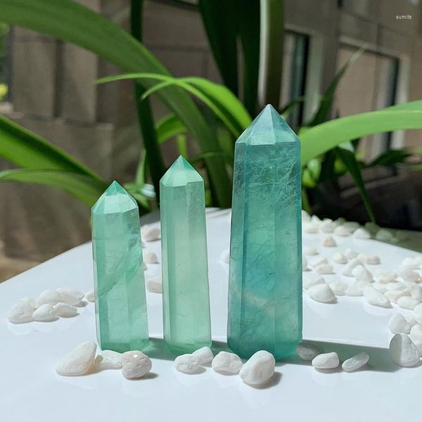 Estatuetas decorativas 1 peça de cristal natural pedra de cura verde fluorita quartzo coluna hexagonal prismas bastão de obelisco 40-70 mm decoração de casa