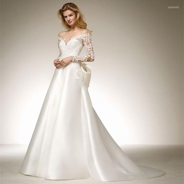 Hochzeitskleid SoDigne A-Linie mit Tasche, Spitze, volle Ärmel, Satin, Boho-Kleider für die moderne Braut