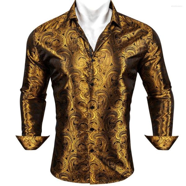 Camicie casual da uomo Designer Silk For Men Gold Paisley Maniche lunghe ricamate Button Down Top Camicette regolari slim fit 617