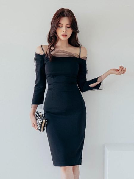 Casual Dresses Elegantes Büro für Frauen 2023 Slash Neck Strap Midi Slit Club Sexy Straßenkleidung Bodycon Skinny Female Dress Vestidos