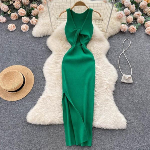 Casual Kleider Frauen Maxi Kleid Bodycon Twist Knoten Ärmellose Rundhals Dress-up Low-cut High Split Gestrickte Dame Sommer weibliche Kleidung