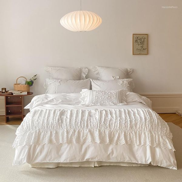 Bettwäsche-Sets aus gewaschener Baumwolle, dreidimensionale Blume, hohle Spitze, Bettbezug, Bettwäsche, Spannbetttuch, Kissenbezüge, Heimtextilien