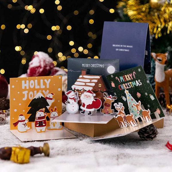 Novos cartões pop-up 3D com envelope, presentes de Natal de ano novo, cartão postal de bênção de família para aniversário, decoração de Natal