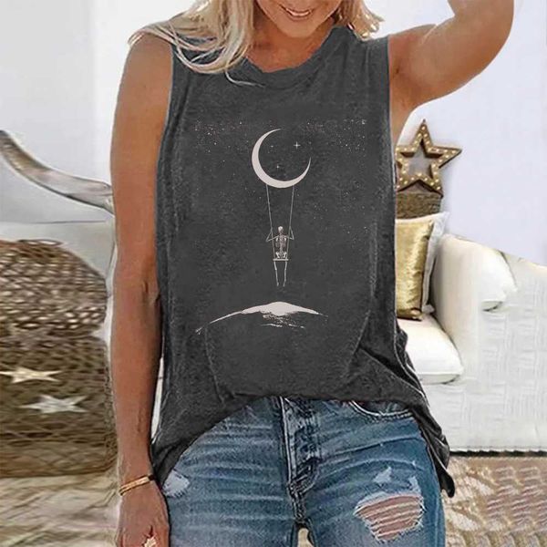 Damen T-Shirt Seeyoushy Neues lustiges Skelett Reisen um den Weltraum Drucken Frauen T-Shirts Rundhals Lose Sommer T-Shirt Ärmellos 90er Jahre Tops