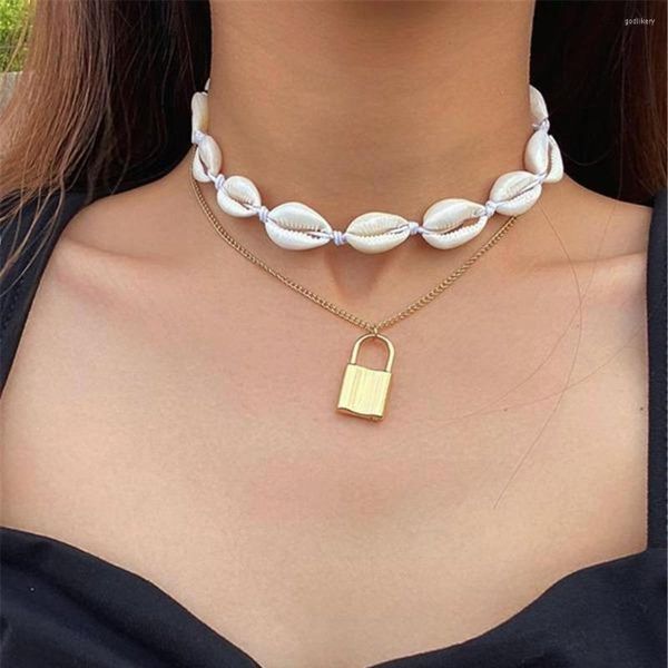 Anhänger Halsketten Mode Vintage Multilevel Geometrische Weiße Shell Gold Farbe Kette Schloss Halskette Für Frauen Boho Choker Schmuck Geschenk