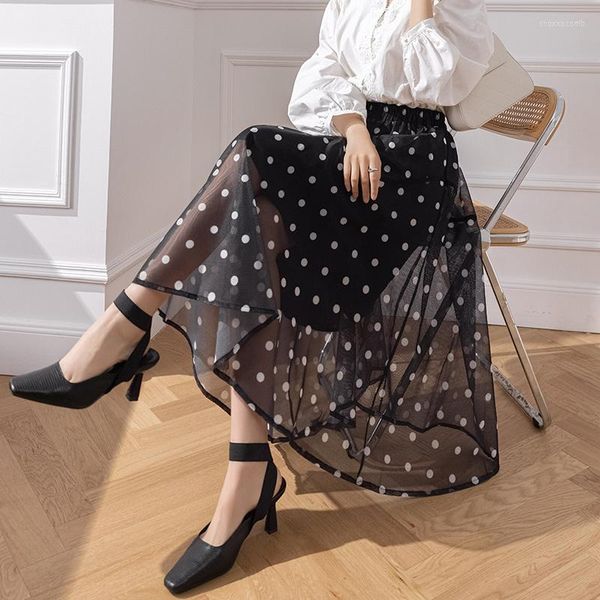 Saias Femininas Polka Dot Tule Saia 2023 Verão Cintura Alta Elástico Marrom Malha Linha A Moda Feminina Roupas Longas Femininas