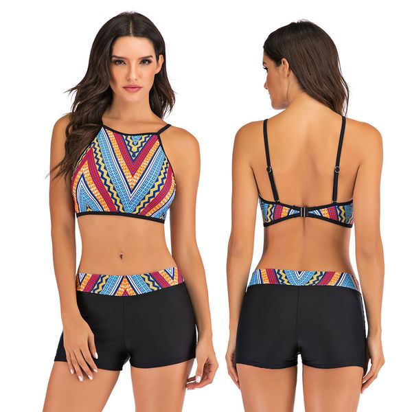 Женские купальники женский купальный купальник Halter High Sheam Top Boyshort Bikini Set Two Piece Batching Soirt Supemwear Print Tankini 230615