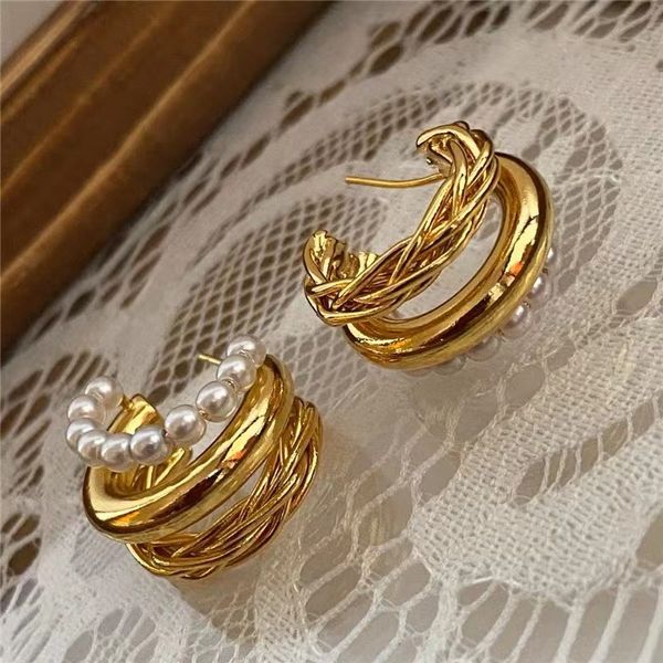 Mode Nische Französisch Perle Ohrstecker Damen Gewebt Retro Metall Kreis Vergoldet Ohrringe Schmuck Für Frauen