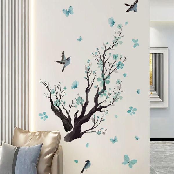 Blaue Blütenblätter Zweige Vögel Wandaufkleber Wohnzimmer Hintergrund Home Dekoration Tapete Schlafzimmer Dekor Selbstklebende Aufkleber