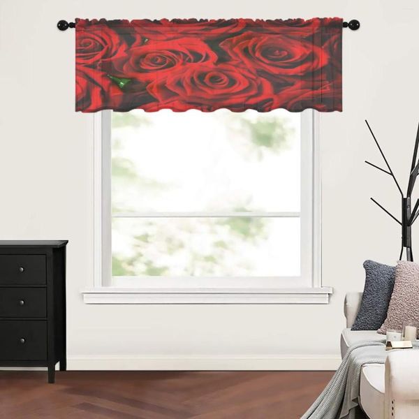 Linda cortina buquê com rosas vermelhas curtas cortinas transparentes para sala de estar quarto cozinha tule tratamentos de janela