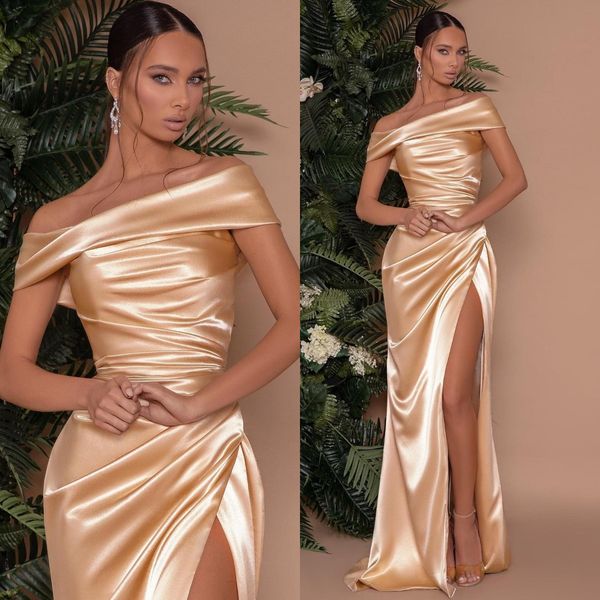 Elegante champagne goud galajurken off-shoulder feestavondjurken plooien gleuf formele lange jurk voor speciale gelegenheden