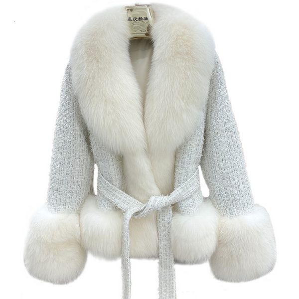 Miscele da donna ZDFURS Collo in pelliccia argento Cappotto in pelle intera per donna Pied de poule di lana corto 230615