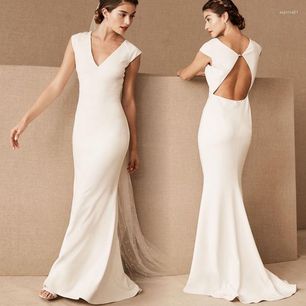 Vestido de Noiva Mryarce Simples Elegante Francês Crepe Sereia Sem Costas Profunda Decote em V Vestidos de Noiva com Laço