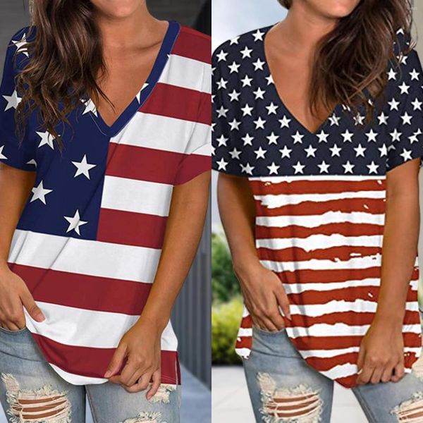 T-shirt da donna Summer Independence Day Personalità T-shirt con scollo a V Stars Stripes Print Ladies Top Fashion Casual Side Split Top da donna