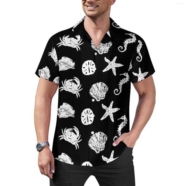 Camicie casual da uomo Conchiglie nautiche Camicia da vacanza in bianco e nero Camicette hawaiane Y2K Uomo Stampa Taglie forti 4XL