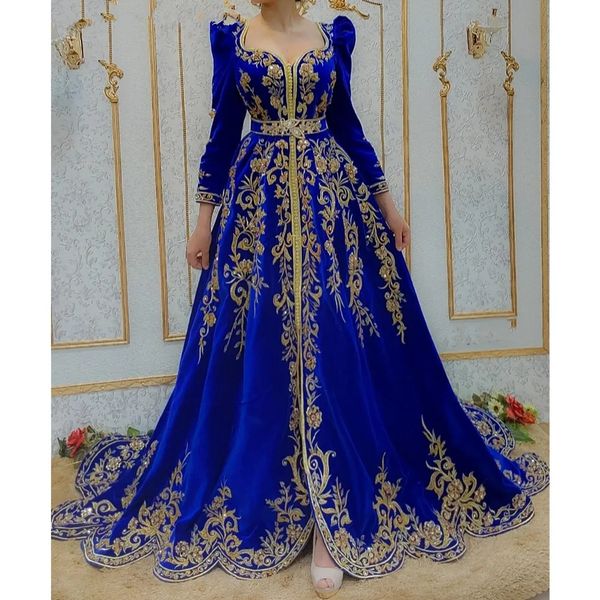 Königsblaue Abendkleider mit langen Ärmeln, marokkanischer Kaftan, formelle Party-Abschlussballkleider, goldene Spitzenapplikationen, algerische Outfits, Karakou