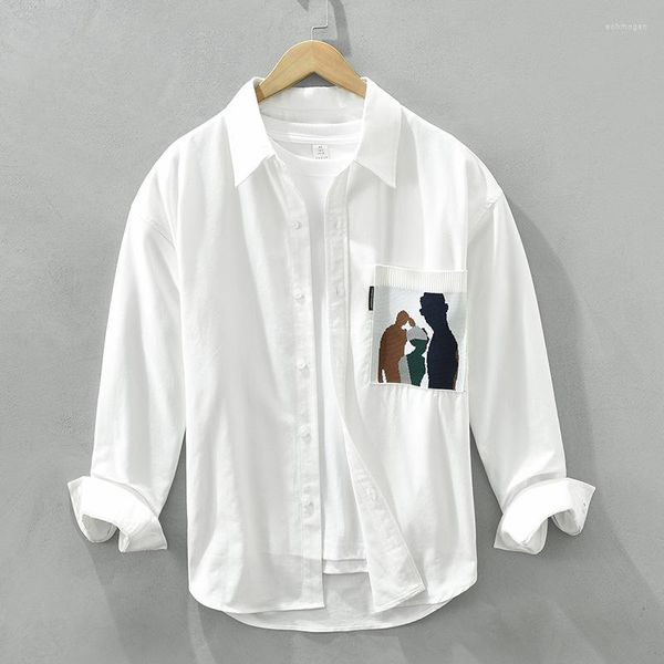 Erkekler Sıradan Gömlek 2191 Erkek Beyaz Gömlek Japonya Tarzı Bahar Moda Uzun Kollu Yaratıcı Cep Şık Baskı Gevşek Temel Bluz Teen Her Gün