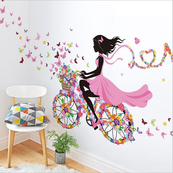 Bicicleta Flor Fada Decoração da Casa Voltar Papel de Parede Meninas Elfo Borboleta Inglês Adesivos de Quarto Adesivos de Parede