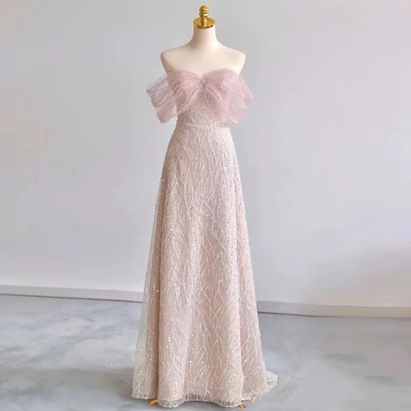 2023 Sexy lange Cocktailkleider Erröten Rosa Spitze Applikationen Perlen Blumen Pailletten Kristall Satin Schulterfrei Luxus Partykleider Heimkehr Abschlussball Cocktailkleid Frau