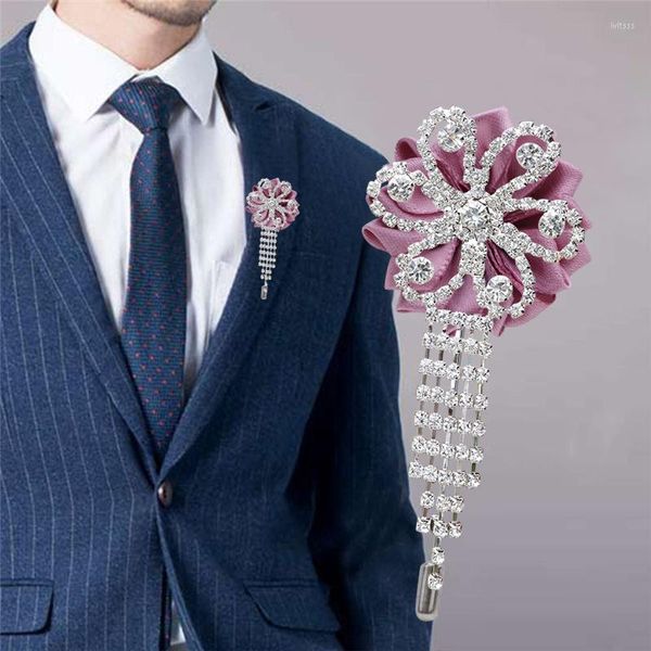 Dekorative Blumen Kristall Boutonniere Unisex Kleid Pin Weinrot Bräutigam Anzug Revers Handmade Business Party Kleidung Zubehör XH067B