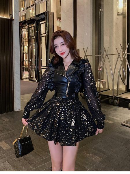 Abiti da lavoro Donna Sping Autumn Dress Suit Temperamento Gilet corto nero Giacca in pelle esterna stile coreano Versatile usa e getta D1771